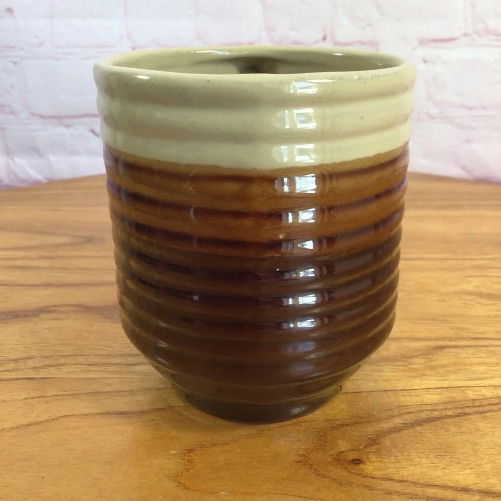 Vintage Three Tone Brown Ribbed Stoneware Covered Sugar Creamer Mug Set